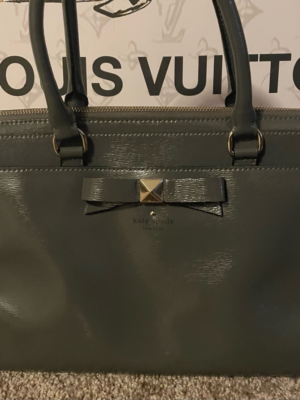 kate spade dark gray patent leather tote with bow detail
